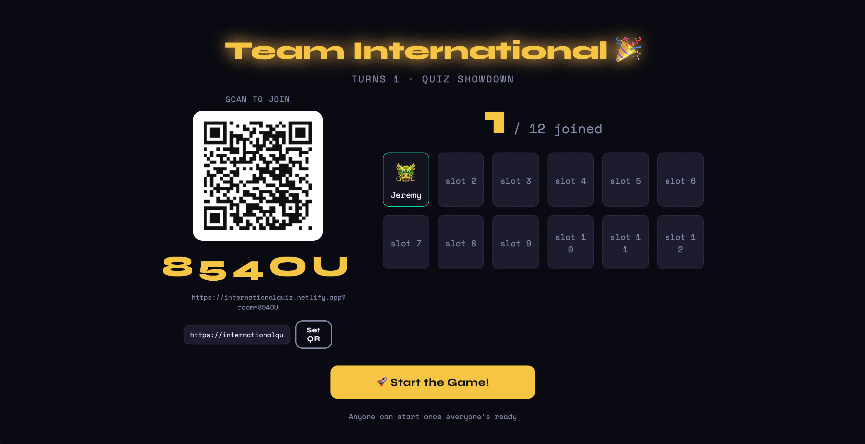 02 — TV Display · QR code lobby with live player slots